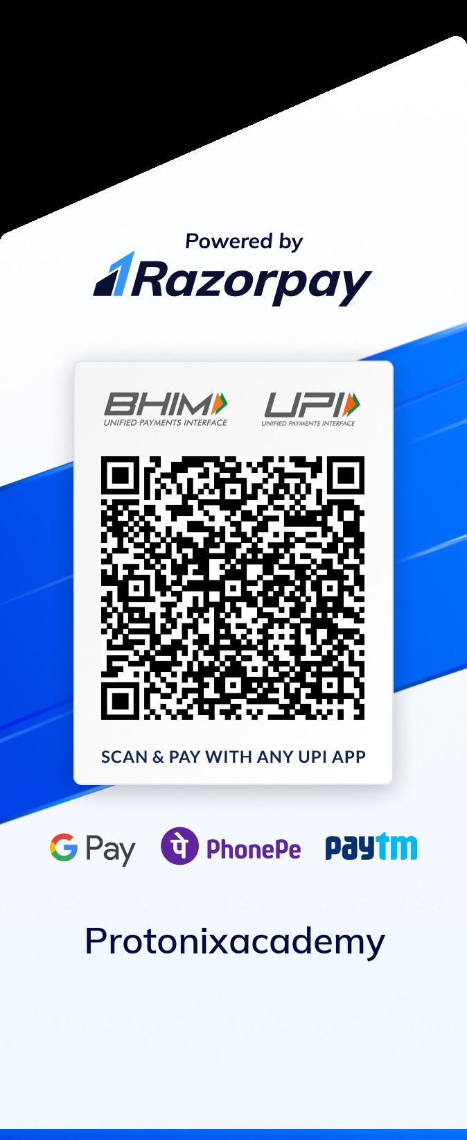 Scan to pay Protonix Academy by UPI